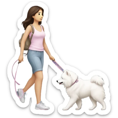 side profile full body view of brunette female with light pink skintone walking one samoyed dog on a leash in the same direction sticker