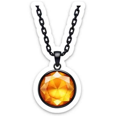 extreme close up of a round cut holographic amber charm with black findings and black chain, chain and findings very close to the gem sticker