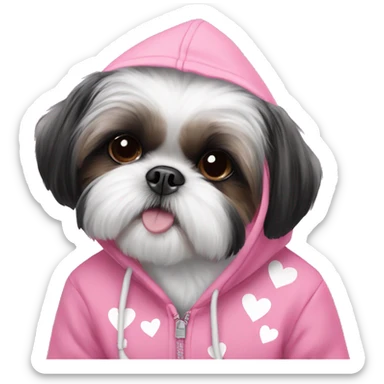 A girl  black and white shih tzu wears a pink hoodie with hearts on it sticker