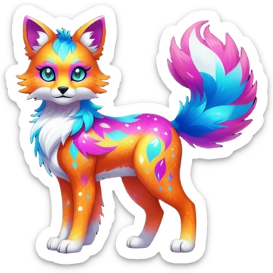 Vibrant multicolored neon-colored Falvie-Fionbri-creature-sparkle-feline-canine-hybrid-fursona, full body sticker
