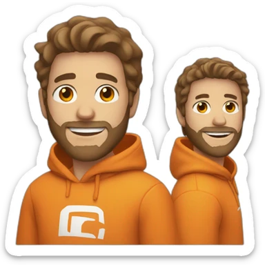 white dude smiling with a brown beard and short brown hair with an orange hoodie sticker