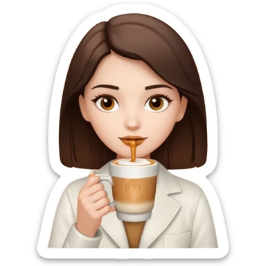 white brunette with brown eyes and a white outfit, drinking a caramel machiatto sticker