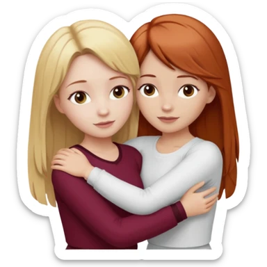 two girls who hug eachother. one has auburn hair with blonde highlights and very pale skin , other has medium-fair skin and blonde hair. girl with auburn or dark blonde hair is wearing a white outfit and girl with blonde hair is wearing a burgundy outfit sticker