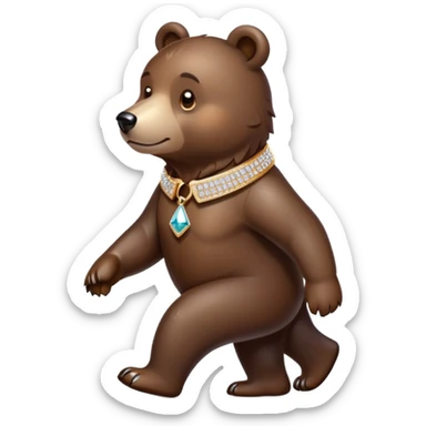 Dark brown bear walking on four paws wearing a luxury diamond-studded collar, shiny gems, minimalist emoji style sticker