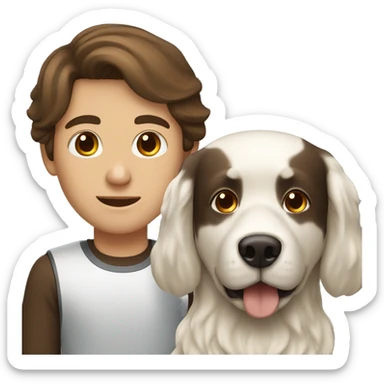 brown hair white man and dark brown long hair woman with a white dog sticker