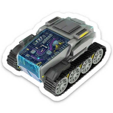 A top down view of a robot with tank tracks, in a cyber punk futuristic style far beyond what is currently available today, from the year 3000, the camera needs to be directly above the robot looking down sticker