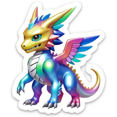 white iridescent colorful metallic alloy gradient shiny glossy Fakémon-Digimon-creature-hybrid (full body) sticker