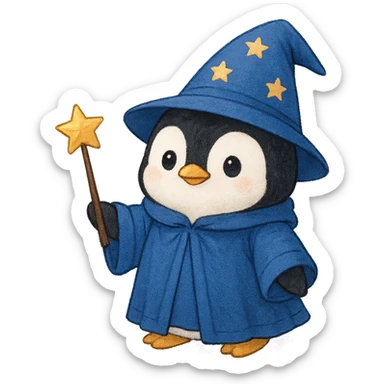 cute penguin wizard with a star-tipped wand, blue robe sticker