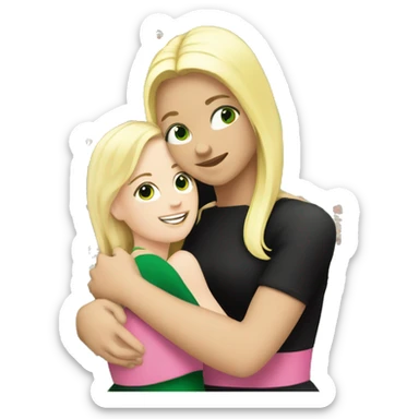 white girl with blonde hair and pink dress hugging girl with green skin in black dress sticker