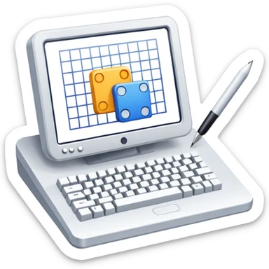 Professional icon for Game Design: computer screen with game interface, 3D models, pixel art, and design tools like grid, wireframe, and stylus. Symbolizes the technical and creative process of game development. Transparent background. sticker