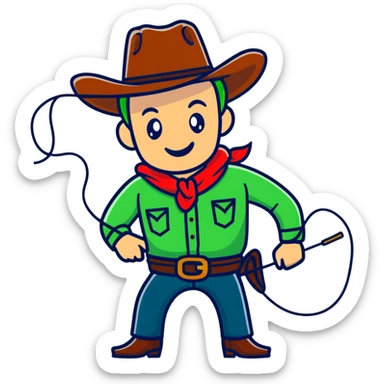Cowboy wearing a green hat with a lasso sticker