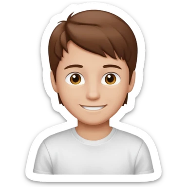 Boy with brown hair and white t-shirt sticker