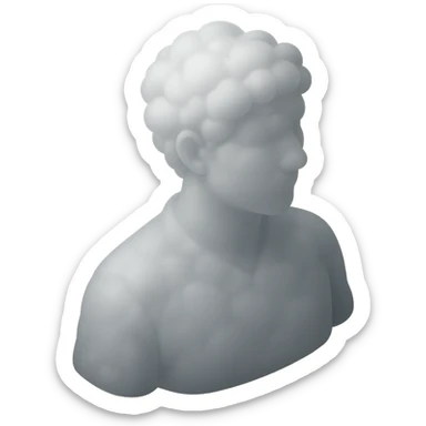a person turned exactly, fully composed of white fluffy convex clouds up to the shoulders, matte glass style sticker