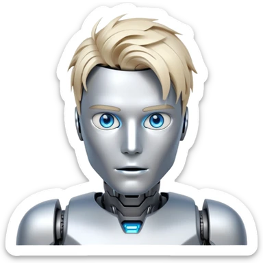 Male humanoid robot with messy straight blond hair, metallic face, digital eyes, sharp jawline, futuristic sticker