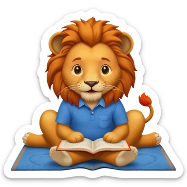 Happy lion reading  on a carpet with blue shirt on sticker