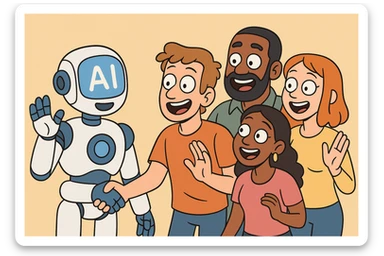 AI and People, playful cartoon, friendly robots and diverse people, bright colors sticker