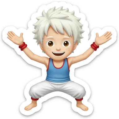 a joyful cartoon-style emoji of Luffy as a laughing character with wild, fluffy white hair, and a glowing white outfit. The character should have a big open smile, one hand on its face in laughter , and be in a dynamic mid-air pose with bent legs, as if carefree and floating. sticker