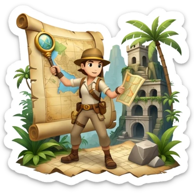 An icon featuring an adventurer in a dynamic action pose with treasure map, ancient ruins and jungle landscapes in the background. The design includes clues, hidden passages and climbing gear, symbolizing the thrill of exploration and discovery. Transparent background. sticker