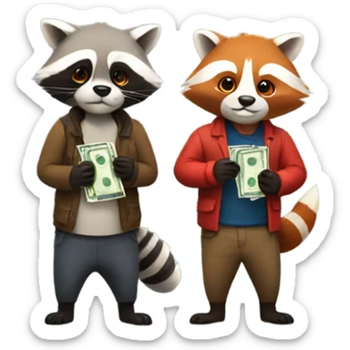 1 raccoon and 1 red panda each holding a bag of cash sticker