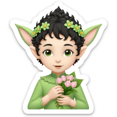 Tiny elf baby black curly hair with pointy ears and hat, pastel green outfit, hold flowers sticker