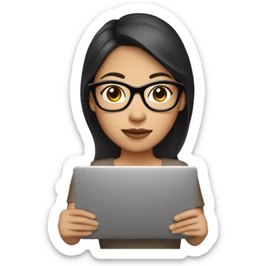 Brunette Asian girl with laptop, coffee, bow, glasses sticker