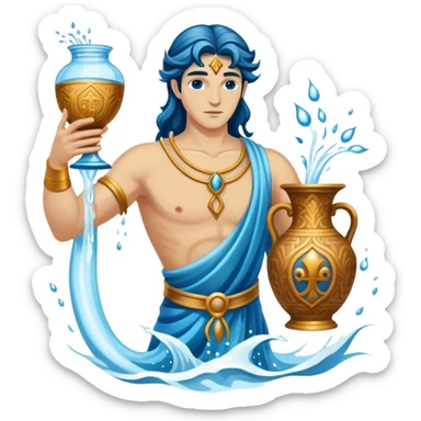 The zodiac symbol Aquarius. A mystical and beautiful water bearer, holding and pouring water into the sea from a large, intricate, and arcane vase sticker