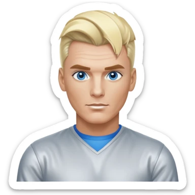 Vanilla Ice with blue eyes, blonde hair, silver outfit sticker