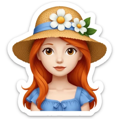 girl_wearing_summer_hat, white flower on hat, red orrange long hair, blue dress sticker