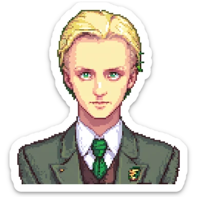 pixel art style Draco Malfoy character with slicked-back blond hair sticker