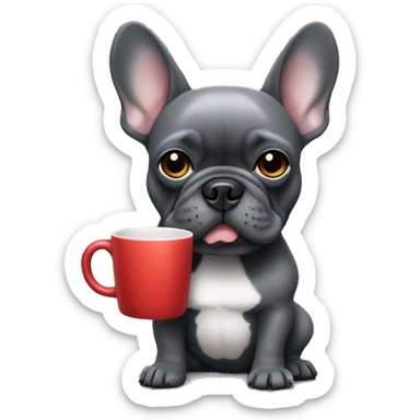 dark grey french bulldog holding a mug sticker