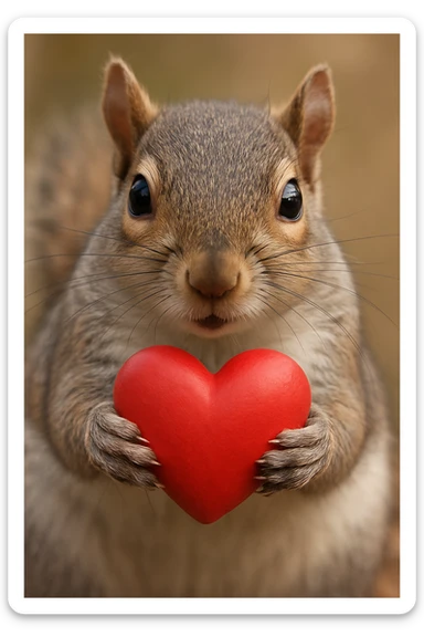 a realistic squirrel holding a heart, close-up view sticker