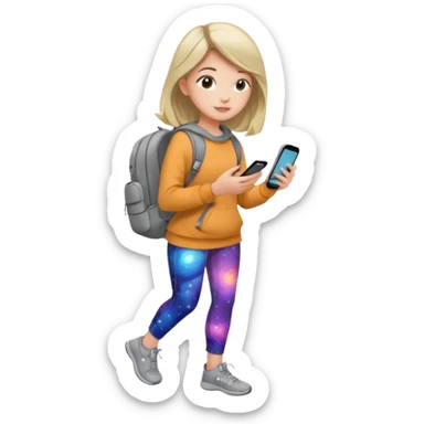 girl with cosmic-print leggings, sweatshirt, backpack, and phone sticker