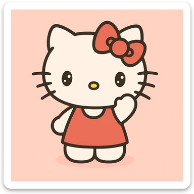 Make Hello Kitty wave, classic cute style, white cat with red bow, simple background, keep the classic cute look sticker