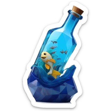 symbolic ocean in a bottle sculpture symbolizing Pisces with a geometric, faceted design. The bottle is standing upright with angular and baroque features. The vibrant deep blue waves colors highlights the sharp edges and planes.  sticker