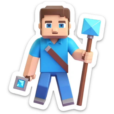 Minecraft Steve holding a diamond pickaxe, blocky style, cheerful expression, 3D emoji style sticker