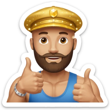 Bald bearded muscular man in cap giving thumbs up, Instagram logo, golden 500, sparkles, minimal emoji style sticker