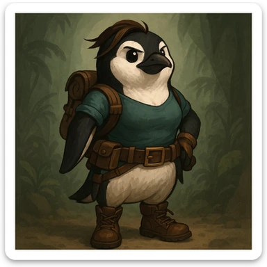 a penguin dressed as an explorer, inspired by Lara Croft, with a utility belt and boots sticker
