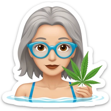 Middle aged, brown eyes, gray haired woman in a swimming pool with marijuna sticker