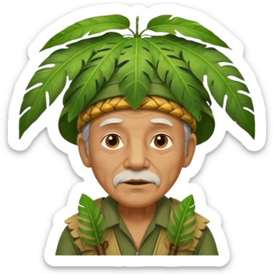 a old man with jungle wearing a large leaf headgear bye  sticker