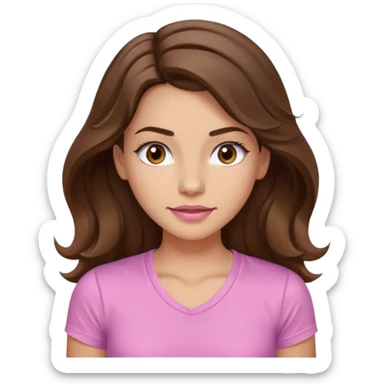 girl with wavy long brown hair, brown eyes, light to medium complexion, long lashes, light pink lipstick, wearing light pink shirt, working out sticker