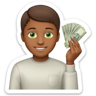 green eyes. handsome. young man. brown skin. brown hair. straight hair. short hair. white race. Holding money with his left hand sticker
