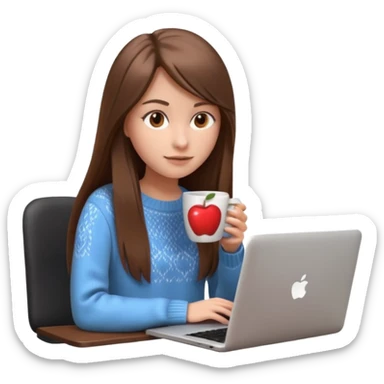 young woman, 20 years old, long straight brown hair, wearing a sweater, holding a coffee cup and typing on a laptop, focused expression, 3D Apple emoji style sticker