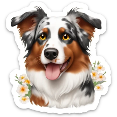 Red Merle Australian Shepard with flowers sticker