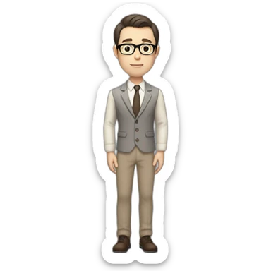 Full height Pale skinned fit man with dark brown hair in gray jacket, beige office shirt, brown tie, brown pants and vintage glasses. His right hand stretched out sticker