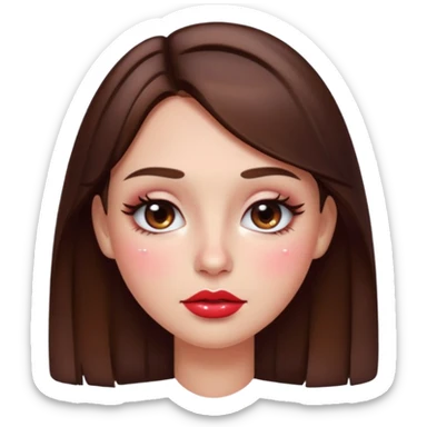 “Emoji brunette girl, dewy skin, heavy blush across cheeks and nose bridge, glossy cherry lips, soft eyeliner, teary sparkling eyes sticker