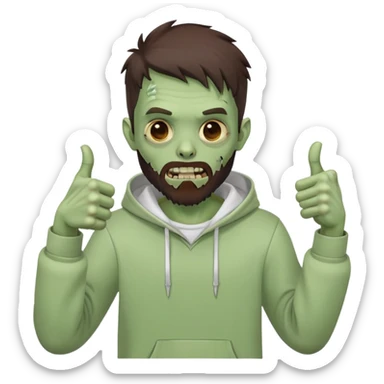 zombie with thumbs up gesture, undercut hairstyle with dark brown hair, short full beard, wearing plain white hoodie sticker