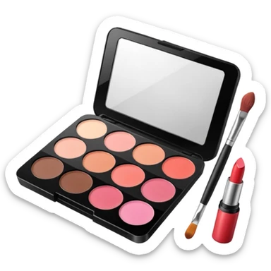 cute array of makeup items including lipstick, blush, eyeshadow palette, and makeup brush in classic emoji style sticker