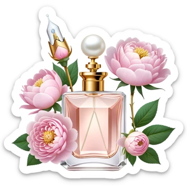 A delicate glass perfume bottle with a golden atomizer, surrounded by soft pink roses, white peonies, and dahlias, as pearl butterflies reflect beautifully in the crystal surface.
 sticker