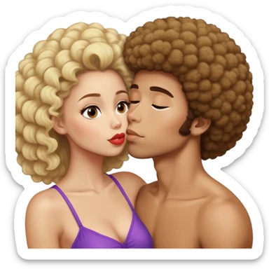 Girl with brown hair smooching a blonde Afro guy sticker