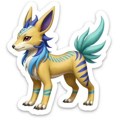 Tropical Tiny Marked Patterned Tribal Colorful Skilled Adept Graceful Asian Painted WereGarurumon-Suicune-Linoone-Meloetta-Renamon-fusion-hybrid-creature (full body) sticker